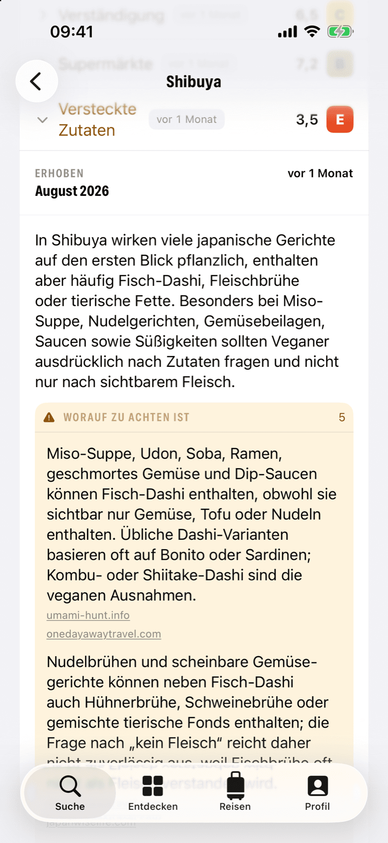 Der aufgeklappte Bereich „Versteckte Zutaten“ mit Erhebungsdatum, Zusammenfassung und einzelnen Hinweisen samt Quellenadressen.
