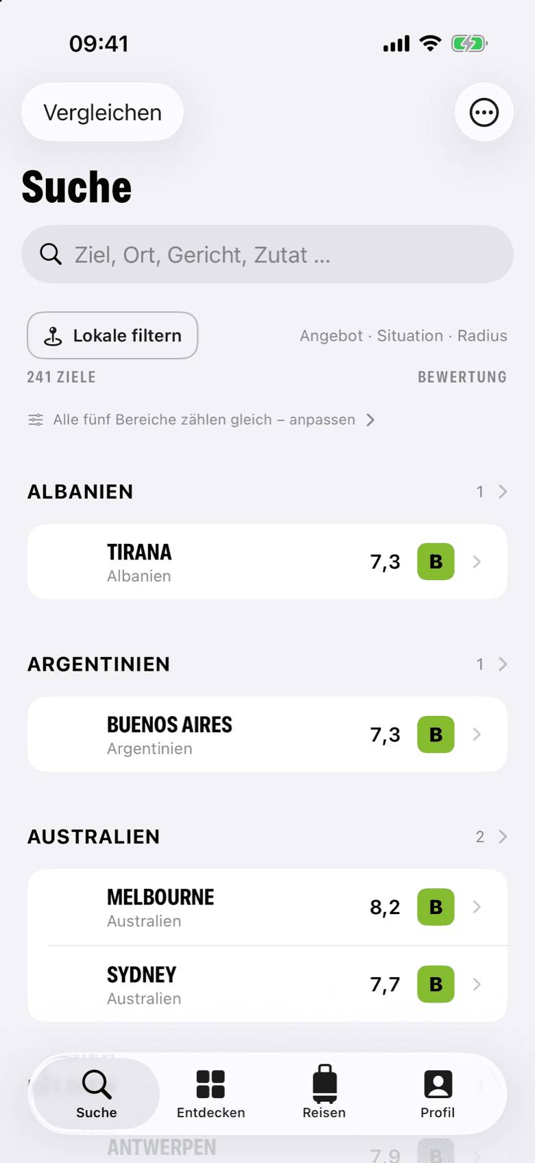 Die Zielsuche in VeganScout: Ziele nach Ländern gruppiert, jedes mit Wert und Note von A bis E.