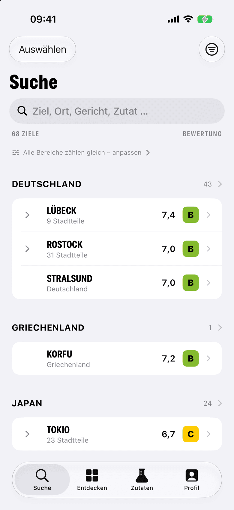 Die Zielsuche in VeganScout: Städte nach Ländern gruppiert, jede mit Wert und Note.