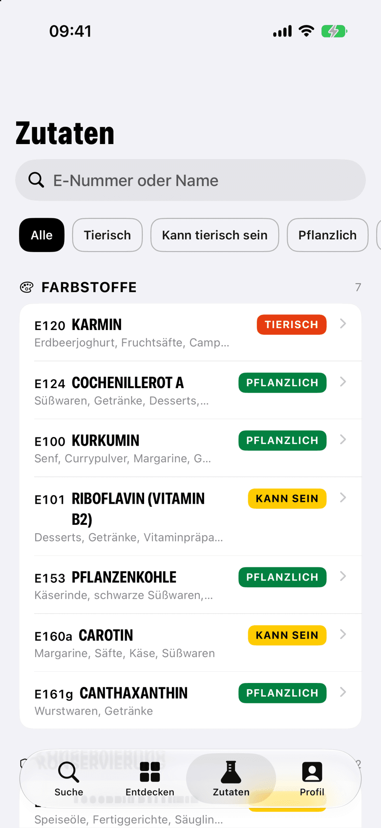Das Zutatenlexikon mit E-Nummern und der Kennzeichnung tierisch, pflanzlich oder kann tierisch sein.